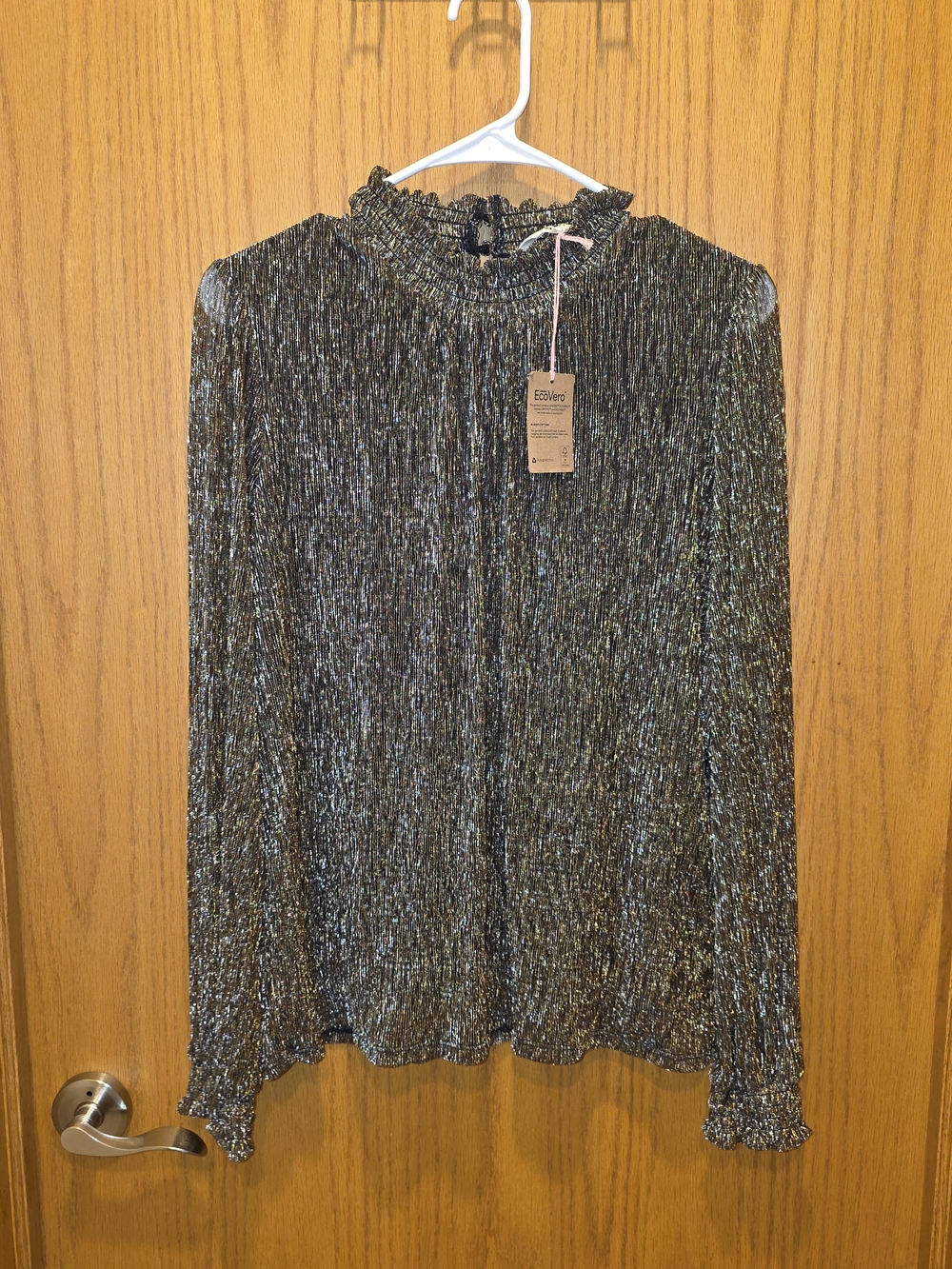 Boden Metallic Black Long-Sleeve Mock Ruffle Neck Top